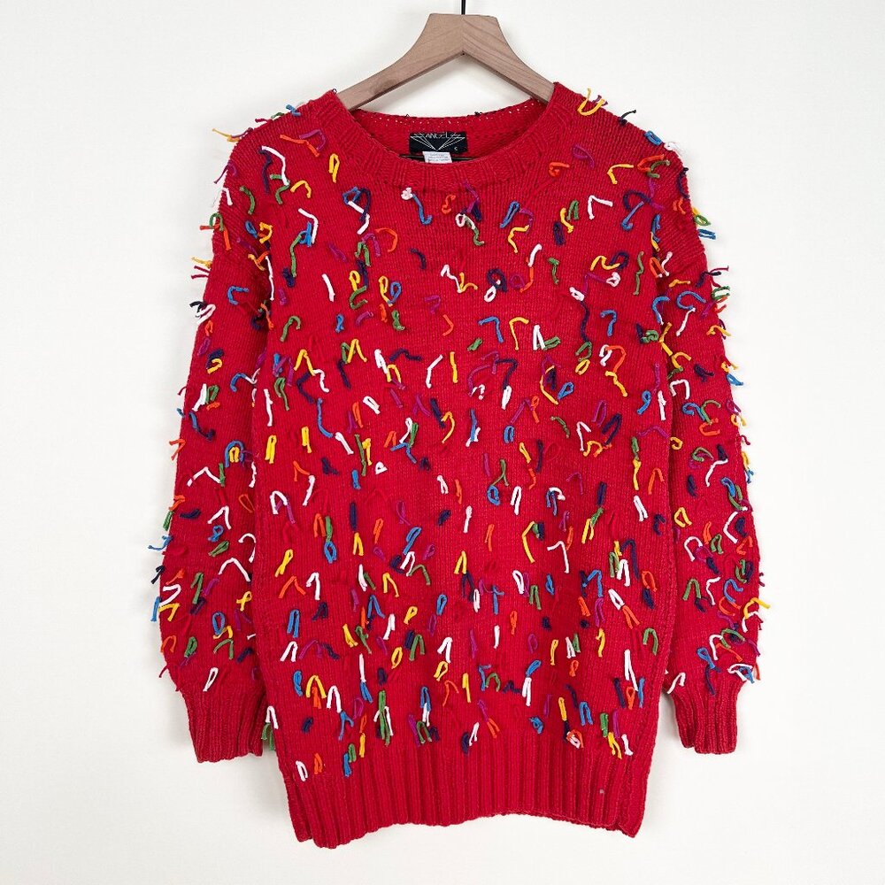 Vintage Hand Knit Confetti Fringe Knit Oversized Sweater Rainbow Handmade Party